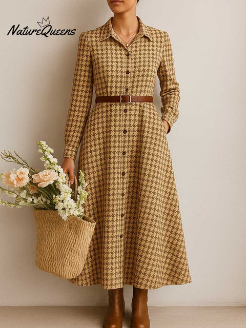 Women's Plaid Print Lapel Long Sleeve Casual Loose Cotton and Linen Shirt Dress