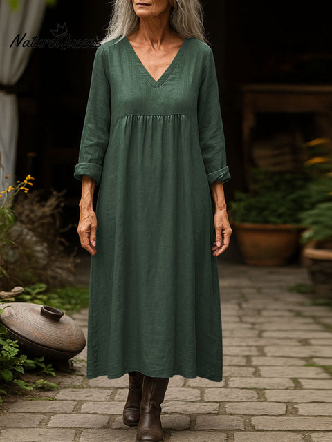 Women's Solid Color V-Neck Long Sleeve Casual Loose Cotton and Linen Dress
