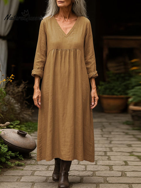 Women's Solid Color V-Neck Long Sleeve Casual Loose Cotton and Linen Dress