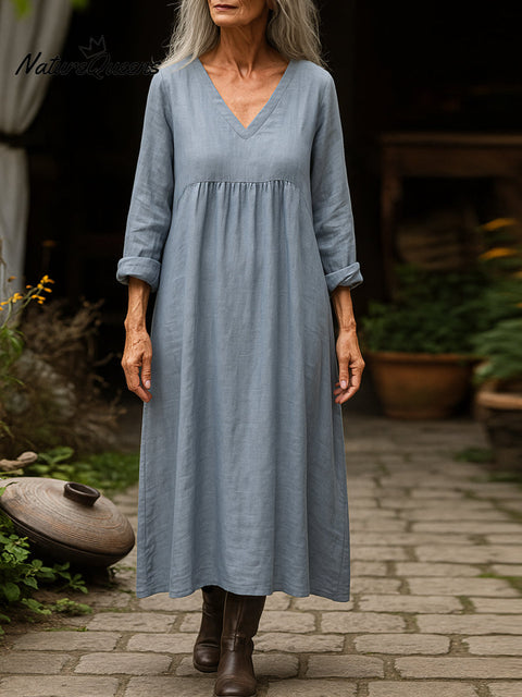 Women's Solid Color V-Neck Long Sleeve Casual Loose Cotton and Linen Dress