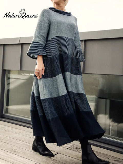 Women's Round Neck 3/4 Sleeves Contrast Color Printed Casual Loose Cotton and Linen Dress