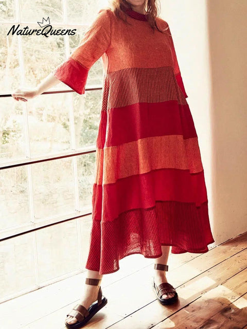 Women's Round Neck 3/4 Sleeves Contrast Color Printed Casual Loose Cotton and Linen Dress