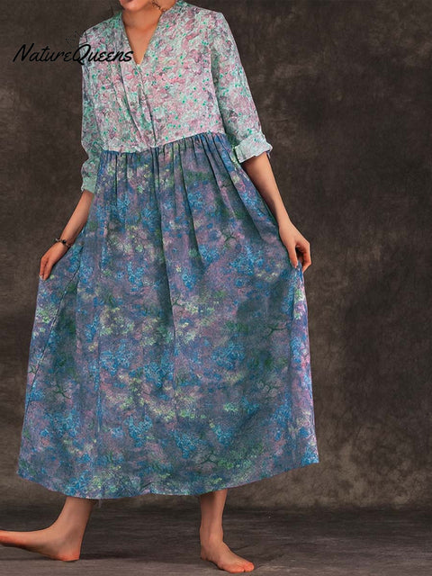 Women's V-neck 3/4 Sleeve Casual Loose Contrast Print Cotton and Linen Dress
