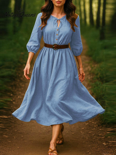 Women's Solid Color V-Neck Tie-Up 3/4 Sleeves Casual Loose Cotton and Linen Dress
