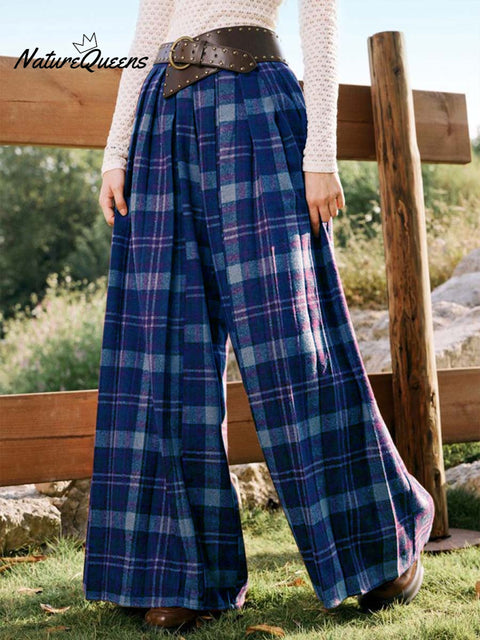 Women's Plaid Print High Waist Casual Cotton and Linen Wide-Leg Pants