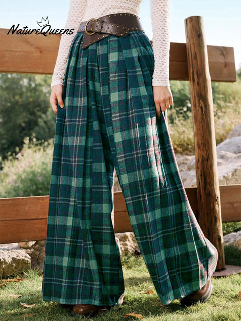 Women's Plaid Print High Waist Casual Cotton and Linen Wide-Leg Pants