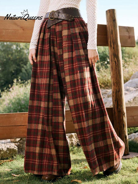 Women's Plaid Print High Waist Casual Cotton and Linen Wide-Leg Pants