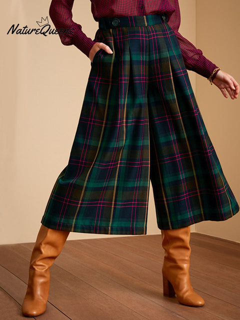 Women's Plaid Print High-Waisted Casual Cotton and Linen Cropped Wide-Leg Pants