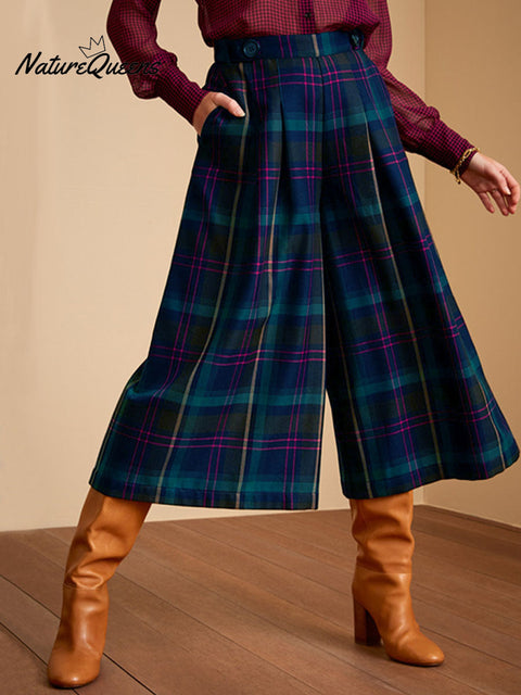 Women's Plaid Print High-Waisted Casual Cotton and Linen Cropped Wide-Leg Pants