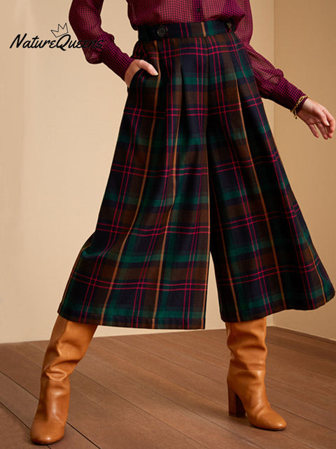 Women's Plaid Print High-Waisted Casual Cotton and Linen Cropped Wide-Leg Pants