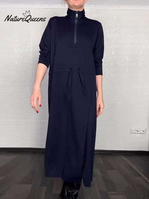 Women's Solid Color High Neck Long Sleeve Casual Loose Cotton Dress
