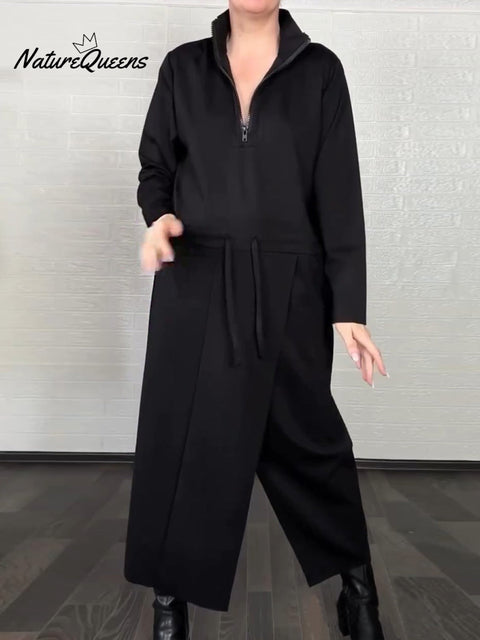Women's Solid Color High Neck Long Sleeve Casual Loose Cotton Dress