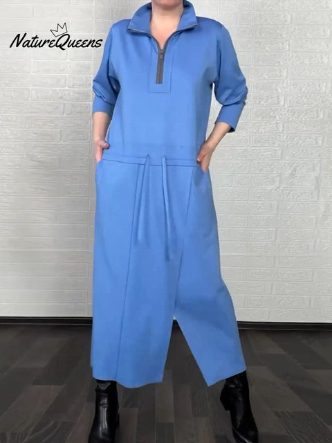Women's Solid Color High Neck Long Sleeve Casual Loose Cotton Dress