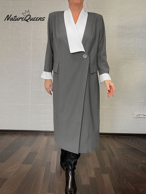 Women's Contrast Color V-Neck Long Sleeve Casual Loose Dress