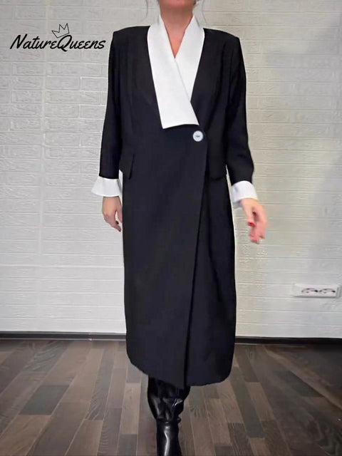 Women's Contrast Color V-Neck Long Sleeve Casual Loose Dress