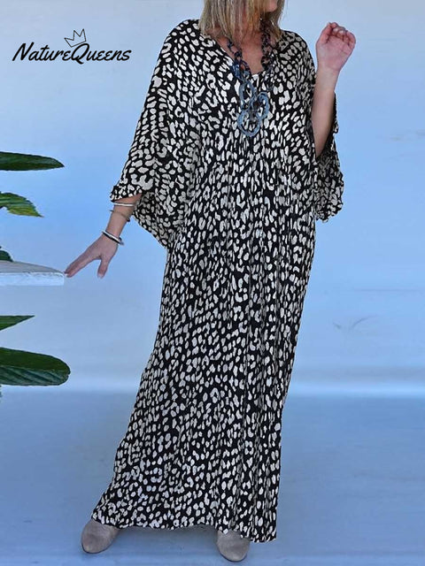 Women's Leopard Print V-Neck Long Sleeve Casual Cotton Dress