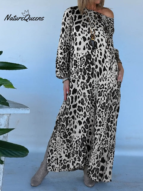 Women's Leopard Print Round Neck Long Sleeve Casual Cotton Dress
