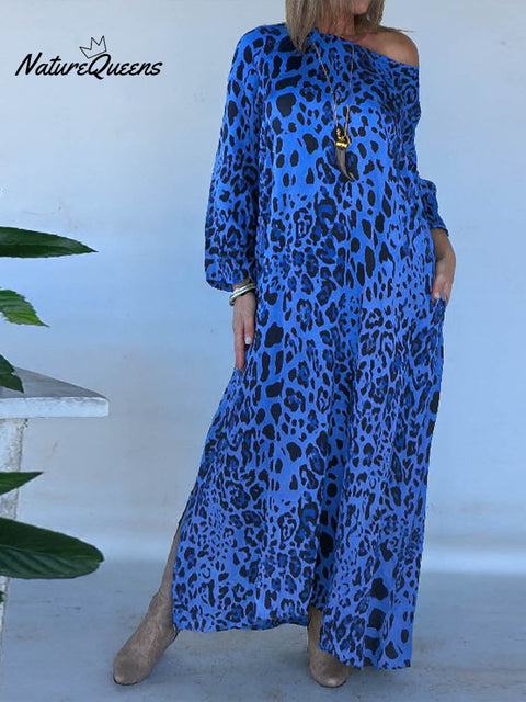 Women's Leopard Print Round Neck Long Sleeve Casual Cotton Dress
