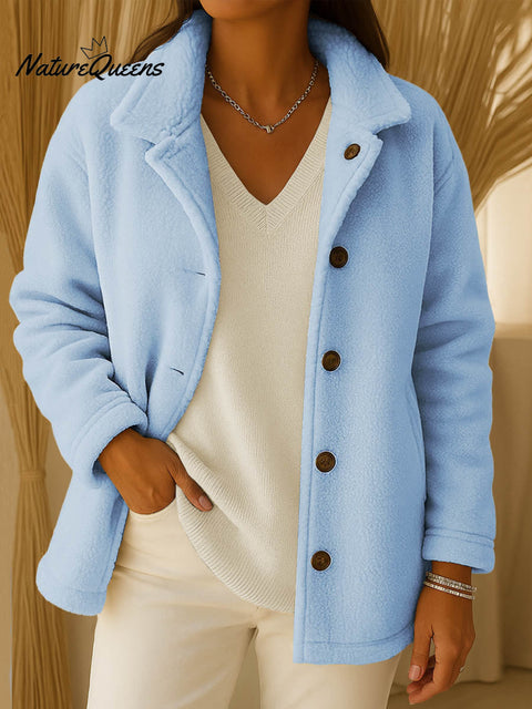 Women's Solid Color Lapel Long Sleeve Polar Fleece Cardigan Jacket