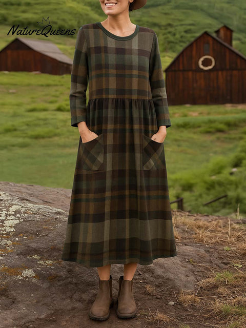 Women's Round Neck Long Sleeve Plaid Print Casual Cotton A-Line Dress