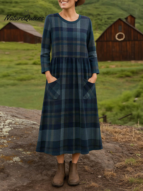 Women's Round Neck Long Sleeve Plaid Print Casual Cotton A-Line Dress