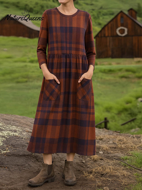Women's Round Neck Long Sleeve Plaid Print Casual Cotton A-Line Dress