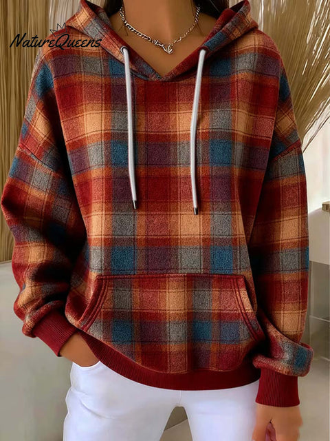 Women's Plaid Print Long Sleeve Casual Hooded Pullover