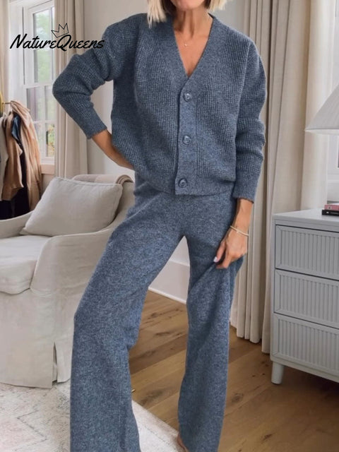 Women's Solid Color Long Sleeve Casual Knit Cardigan Elastic Waist Casual Loose Wide Leg Pants Set