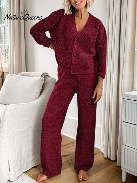 Women's Solid Color Long Sleeve Casual Knit Cardigan Elastic Waist Casual Loose Wide Leg Pants Set