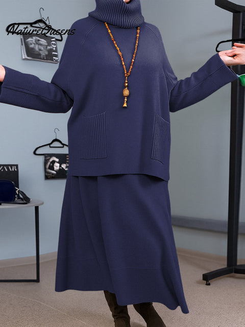 Women's Solid Color Turtleneck Long Sleeve Casual Pullover Sweater Elastic Waist Loose A-Line Skirt Set