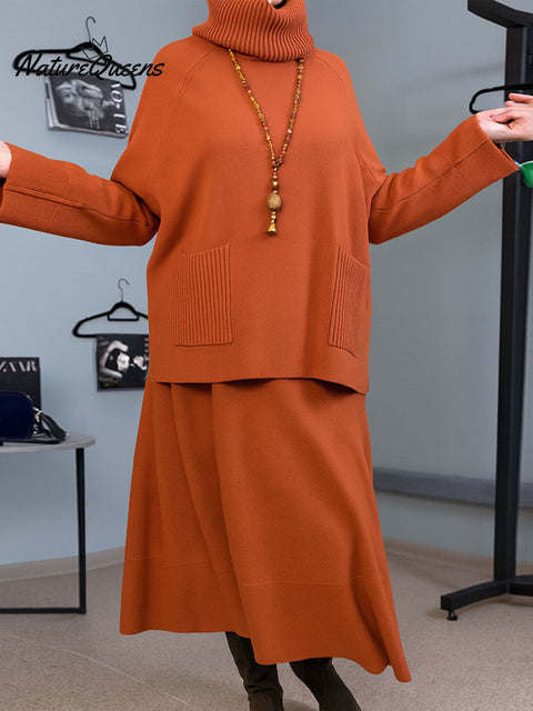 Women's Solid Color Turtleneck Long Sleeve Casual Pullover Sweater Elastic Waist Loose A-Line Skirt Set