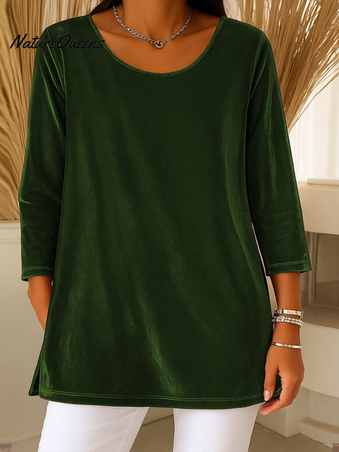 Women's Solid Color Round Neck 3/4 Sleeve Casual Pullover Velvet Top