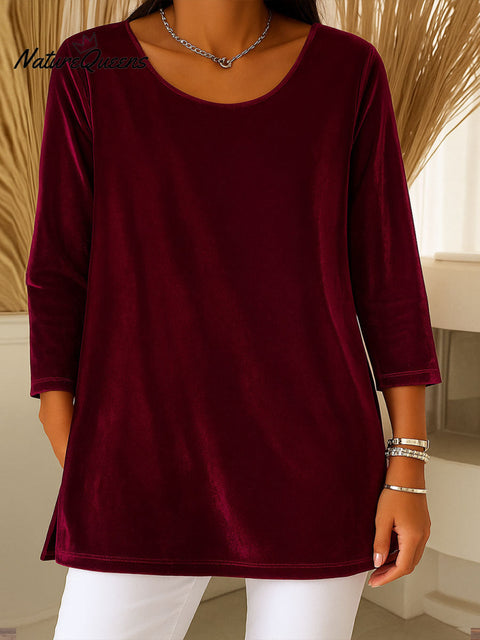 Women's Solid Color Round Neck 3/4 Sleeve Casual Pullover Velvet Top