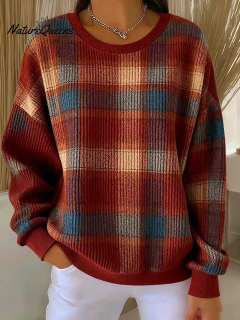Women's Check Print Crew Neck Long Sleeve Casual Pullover Cardigan