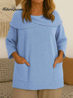 Women's Solid Color Lapel 3/4 Sleeve Casual Loose Pullover Sweater