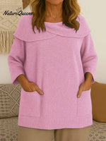 Women's Solid Color Lapel 3/4 Sleeve Casual Loose Pullover Sweater