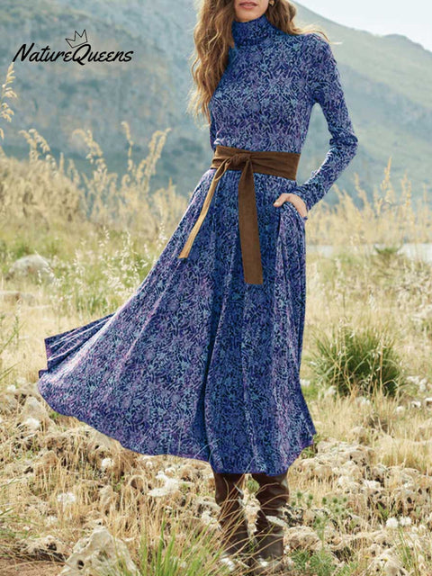 Women's Geometric Print Turtleneck Long Sleeve Casual Long A-Line Dress
