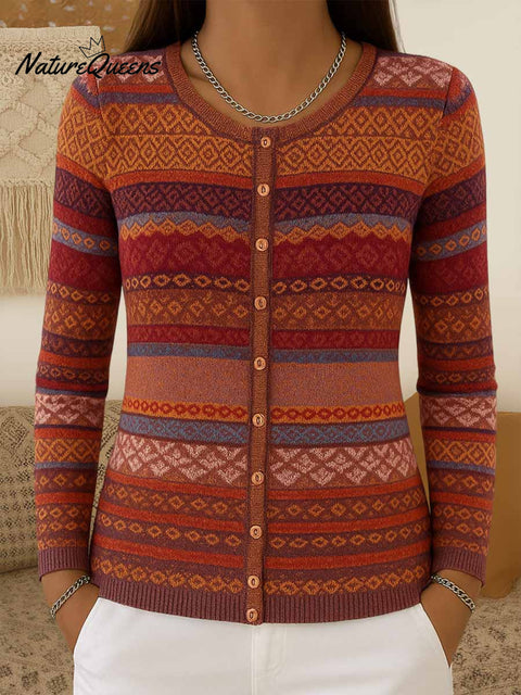 Women's Geometric Print Crew Neck Long Sleeve Casual Cardigan