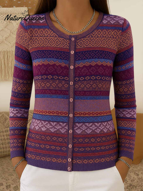Women's Geometric Print Crew Neck Long Sleeve Casual Cardigan