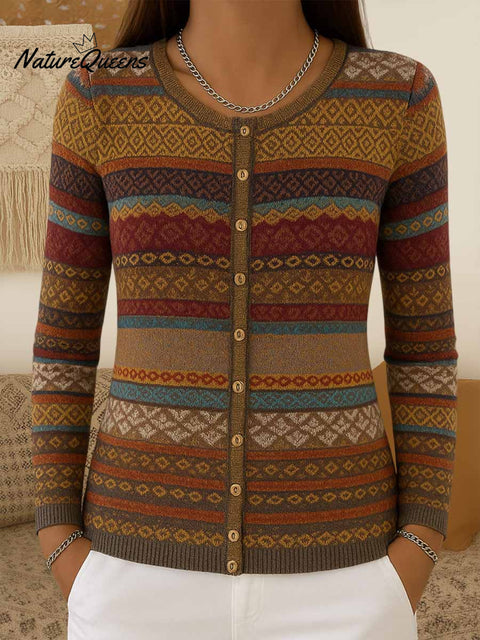 Women's Geometric Print Crew Neck Long Sleeve Casual Cardigan