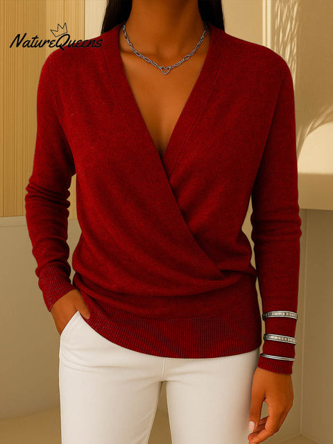 Women's Solid Color V-Neck Long Sleeve Casual Loose Sweater