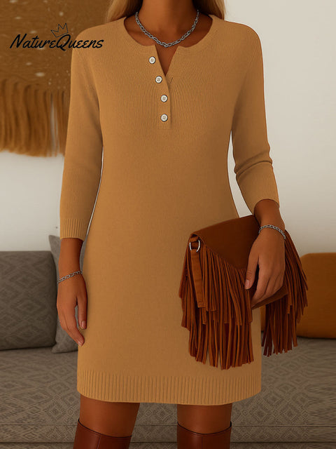 Women's Solid Color Round Neck Long Sleeve Casual Loose Sweater Dress