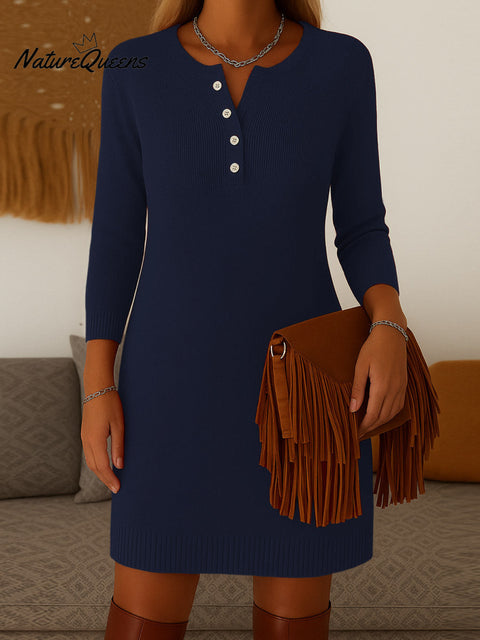 Women's Solid Color Round Neck Long Sleeve Casual Loose Sweater Dress