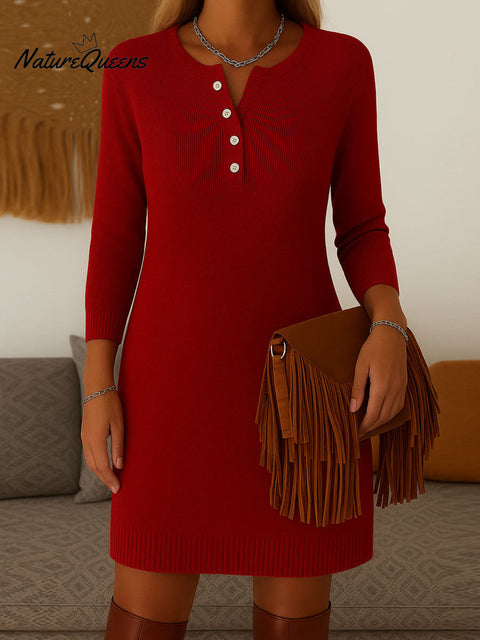 Women's Solid Color Round Neck Long Sleeve Casual Loose Sweater Dress