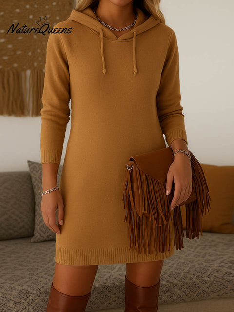 Women's Solid Color Long Sleeve Casual Loose Hooded Knit Dress