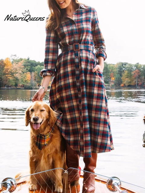 Women's Plaid Print Long Sleeve Casual Loose Cotton Dress