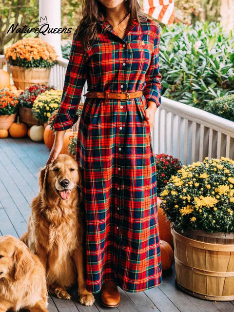 Women's Plaid Print Long Sleeve Casual Loose Cotton Dress