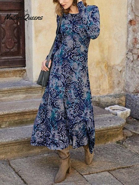 Women's Round Neck Abstract Print Long Sleeve Casual Loose Cotton A-Line Dress