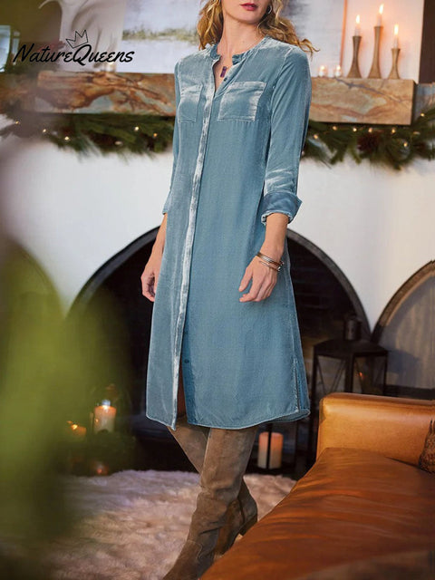 Women's Solid Color V-Neck Long Sleeve Casual Loose Velvet Autumn and Winter Dress