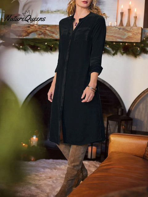 Women's Solid Color V-Neck Long Sleeve Casual Loose Velvet Autumn and Winter Dress